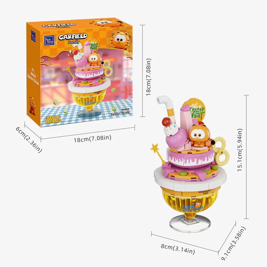 a toy resembling a character from the animated series " Garfield". The toy is a figurine of a dog sitting on top of a cake-like structure. The toy is accompanied by its packaging, which includes the dimensions and a description of the toy.