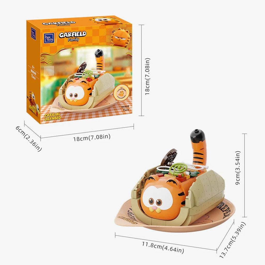 a toy resembling a cartoon character, specifically a Garfield-themed toy. The toy is placed on a small plate, and there are measurements provided for the toy and its packaging.