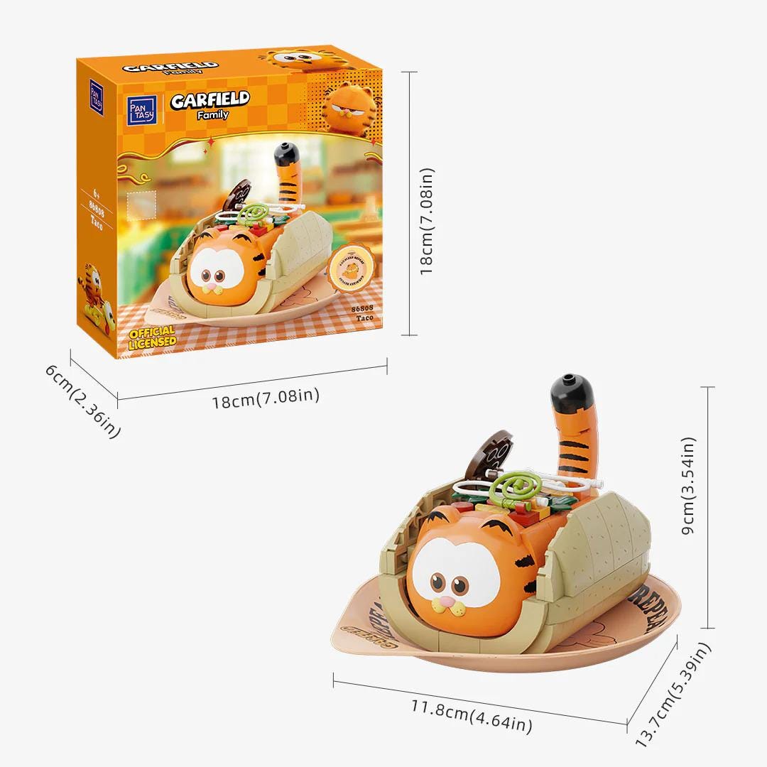 a toy resembling a cartoon character, specifically a Garfield-themed toy. The toy is placed on a small plate, and there are measurements provided for the toy and its packaging.