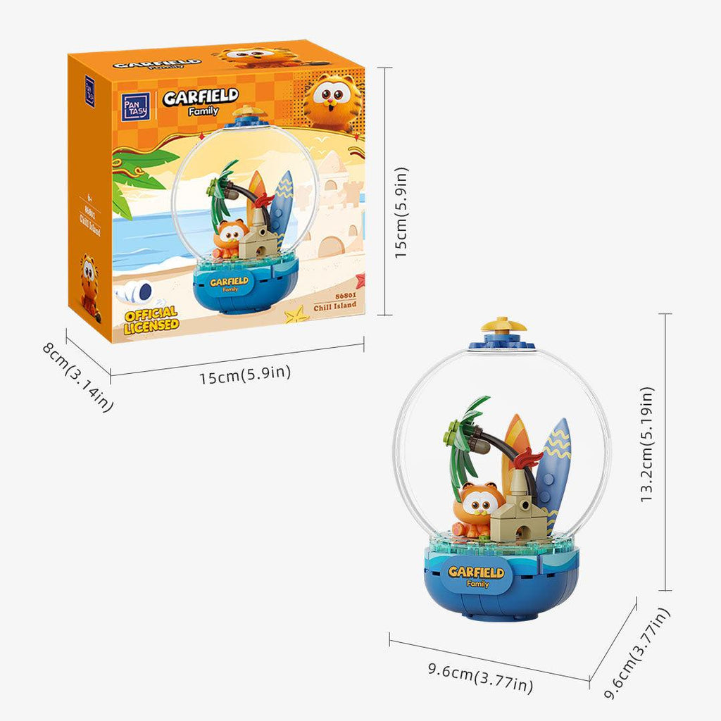 a toy called "Carfield" in a clear glass dome, which is a miniature model of a beach scene with a castle, palm trees, and a small boat. The toy is packaged in a box with the same design as the toy itself. The dimensions of the toy are 15cm(5in) in height and 9.6cm(3.7in) in width.