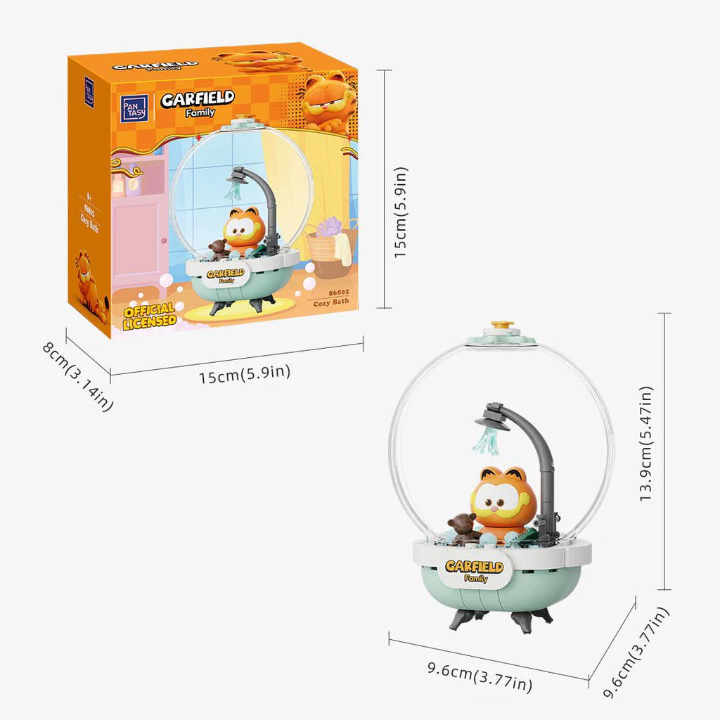 a toy resembling a character from the animated series " Garfield". The toy is a miniature model of a bathtub with a character inside, which appears to be a playful and whimsical representation of the beloved cartoon character. The toy is packaged in a box, and the dimensions of the toy are provided in centimeters and inches.