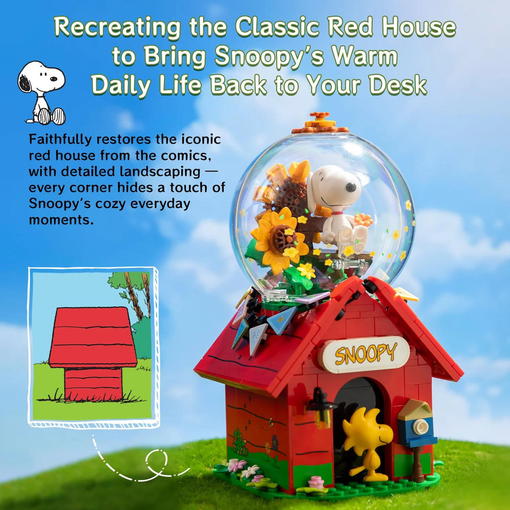 a red house with a Snoopy figurine inside, set against a blue sky background.