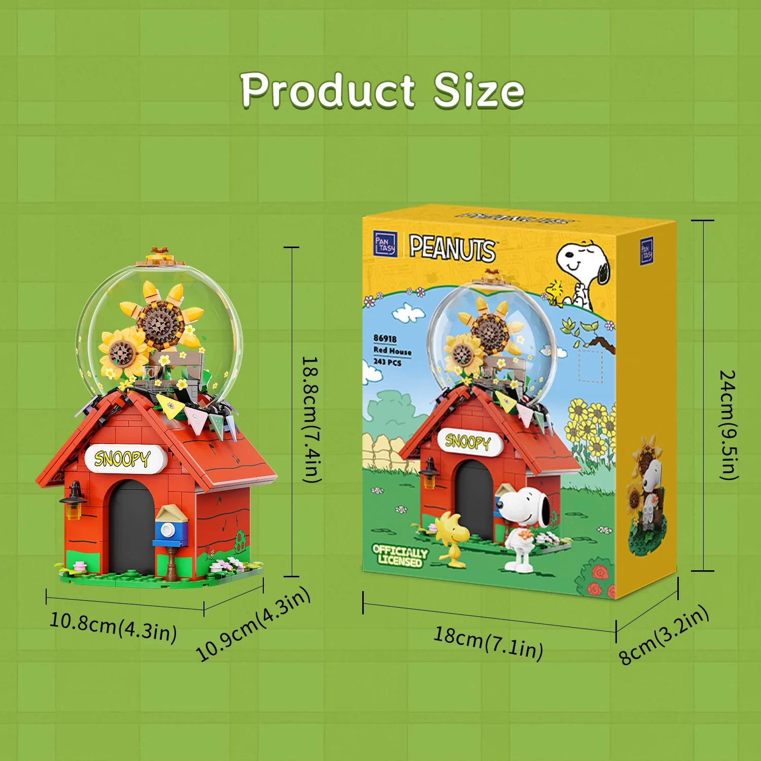 a Peanuts-themed snow globe and its packaging, with dimensions provided.