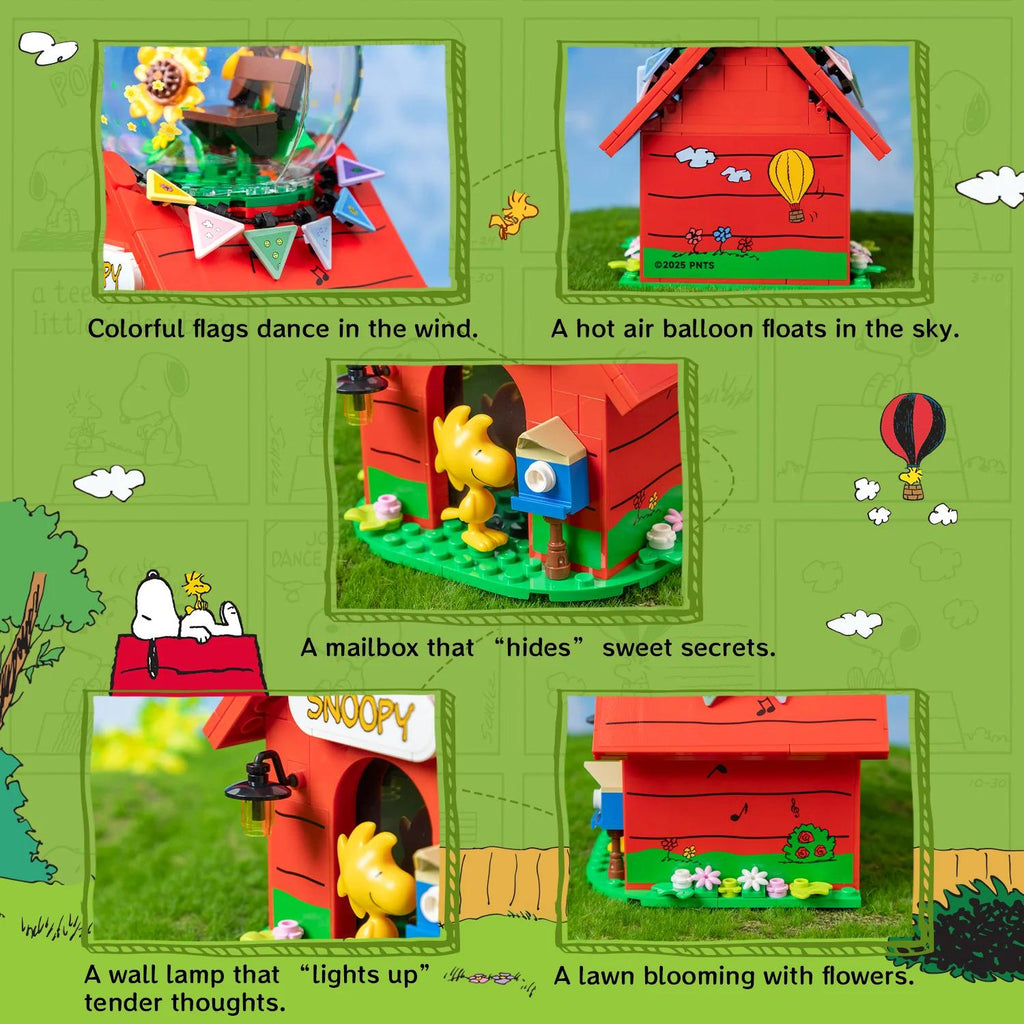 A colorful flags dance in the wind, a hot air balloon floats in the sky, a mailbox that "hides" sweet secrets, a wall lamp that "lights up" tender thoughts, and a lawn blooming with flowers.