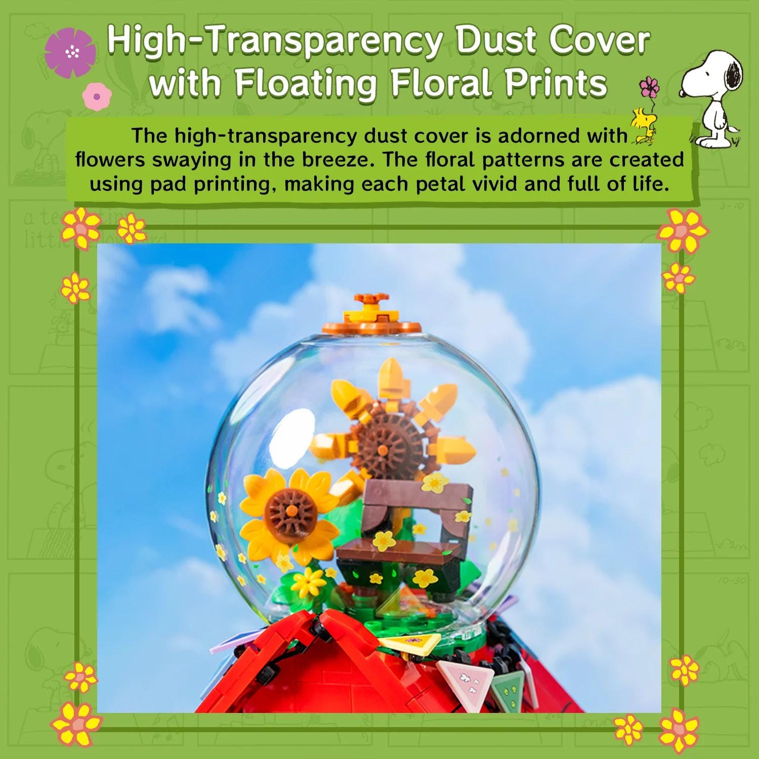A detailed image of a high-transparency dust cover adorned with floating floral prints, featuring a clear glass dome that houses a miniature garden with a sunflower, a bee, and other flowers.