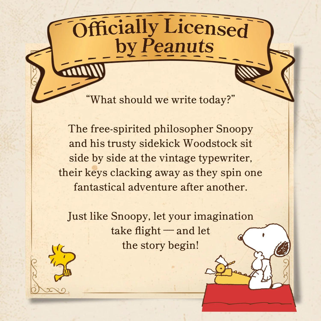 The image is a collage featuring the characters from the Peanuts comic strip, including Snoopy and Woodstock. The text within the image is a quote from the Peanuts comic strip, asking "What should we write today?" and encouraging the viewer to let their imagination take flight and begin a fantastical adventure after another.