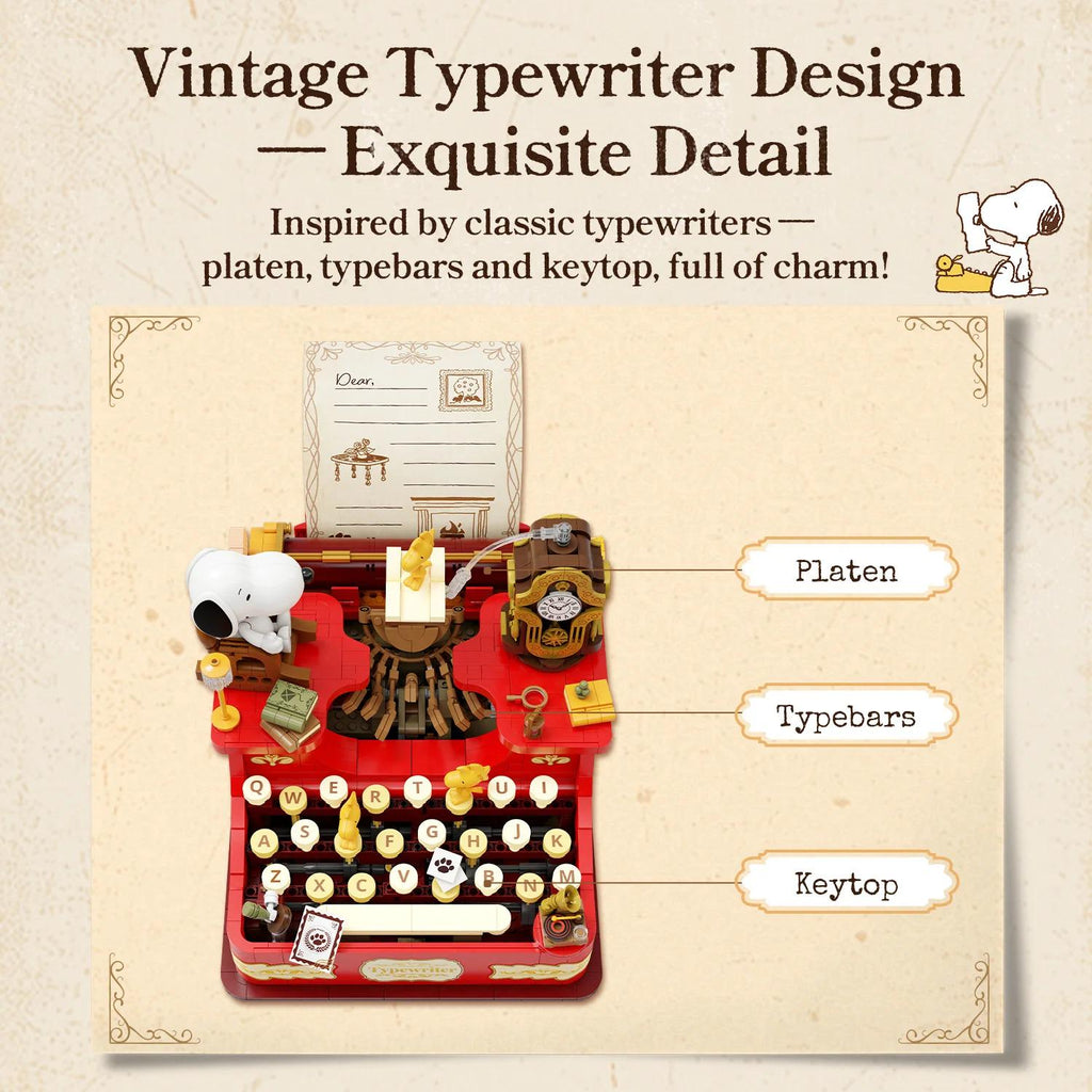 a vintage typewriter with a classic design, including a red body, a white keyboard, and various decorative elements such as a keytop, keybars, and a plaque.