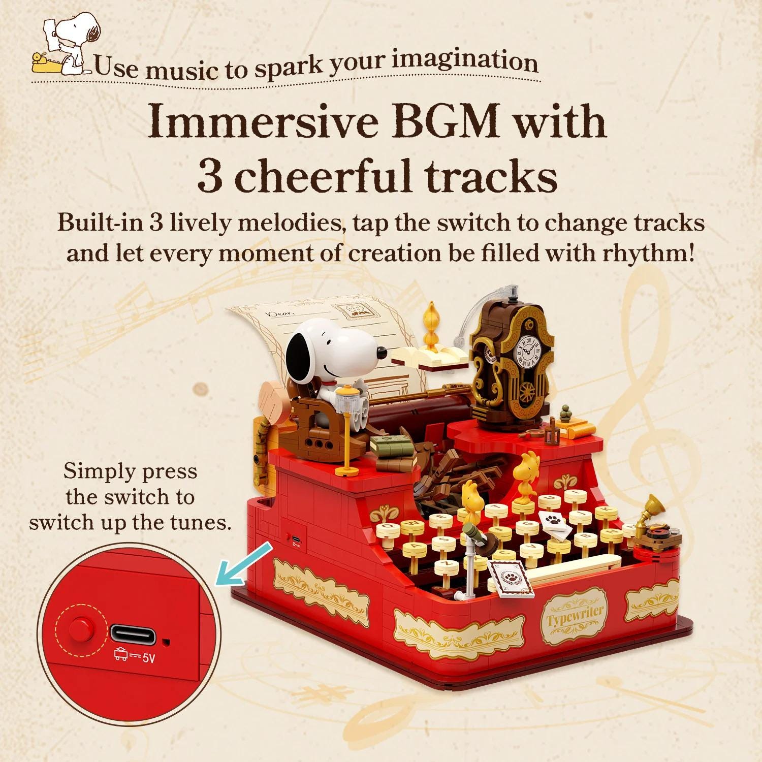 a red toy typewriter with a clock and various other small objects, including a clock face, a bell, and a small figurine. The typewriter is described as an immersive BGM with three cheerful tracks, and it is shown with a button labeled "press" and a USB port labeled "5V".