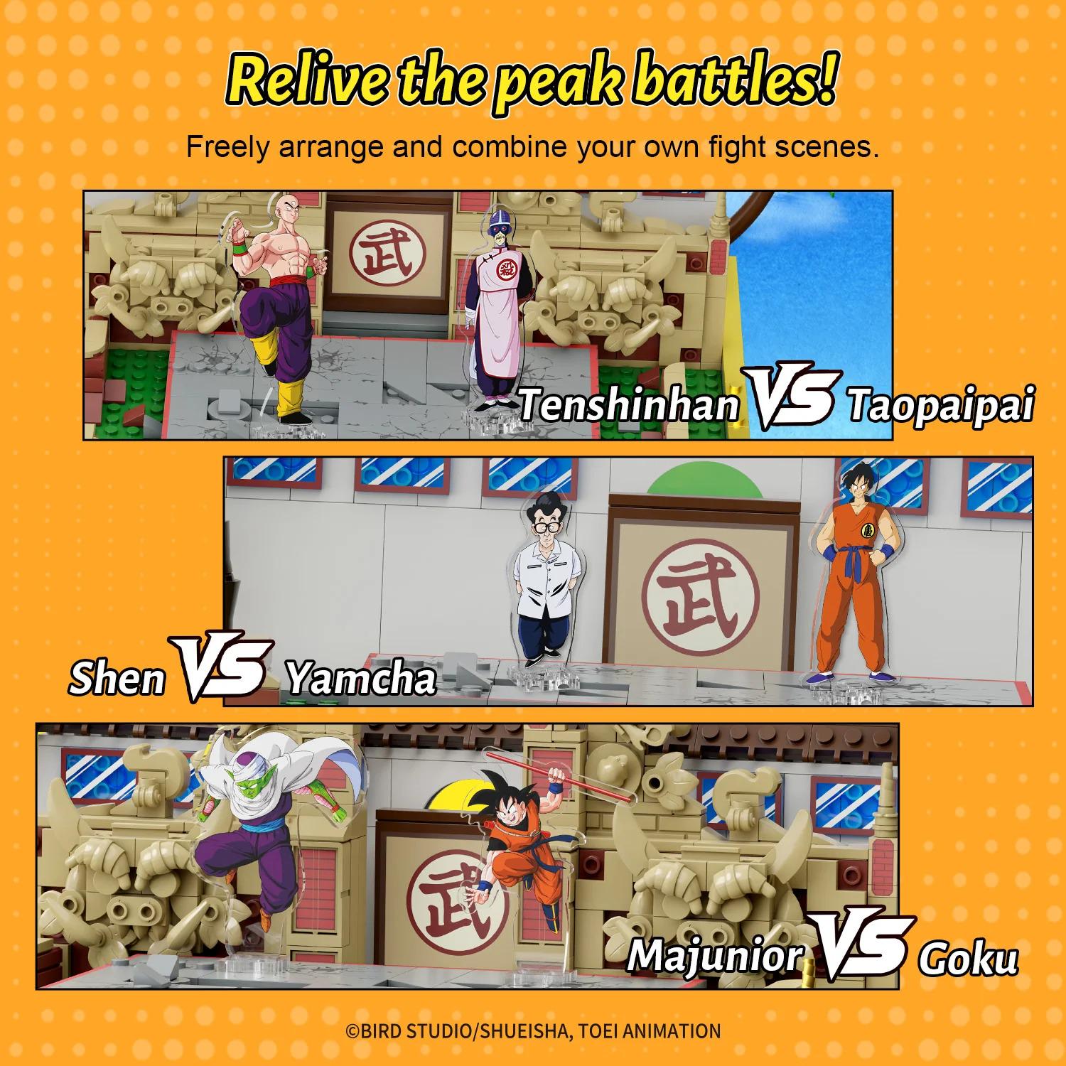 The image is a collage of three different scenes featuring characters from the anime series Dragon Ball. The scenes depict characters from the show engaged in various combat situations, such as fighting with each other or fighting against a common enemy.