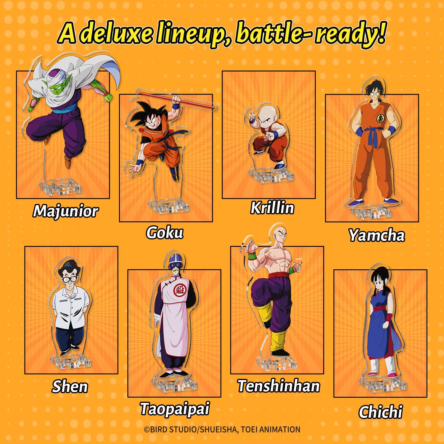 A collage of eight different characters from the Dragon Ball Z anime series, each with their own unique pose and attire, arranged in a grid-like pattern against an orange background.