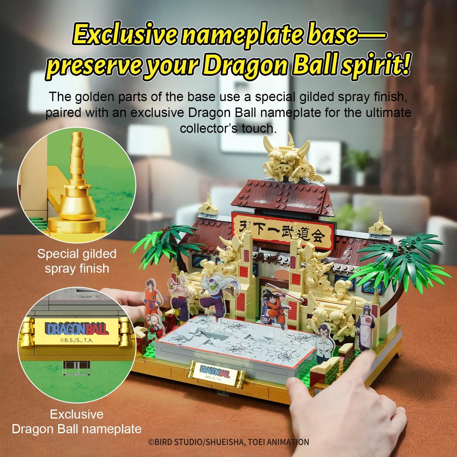 The image is an advertisement for a LEGO set called "Dragon Ball" featuring a detailed model of a dragon-themed base with a dragon ball nameplate.