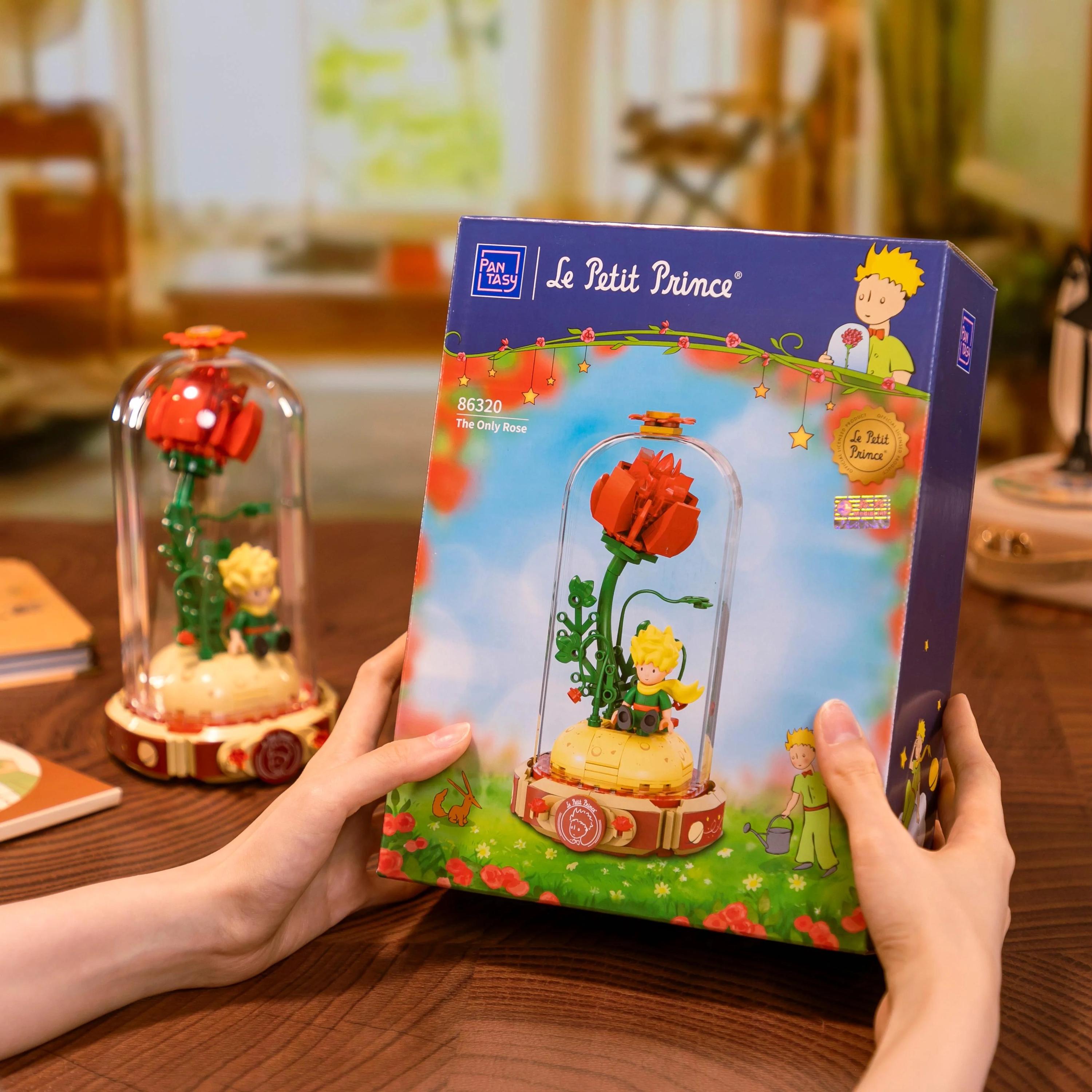 A person is holding a box containing a toy, specifically a glass dome with a flower inside, which appears to be a "Le Petit Prince" themed item.