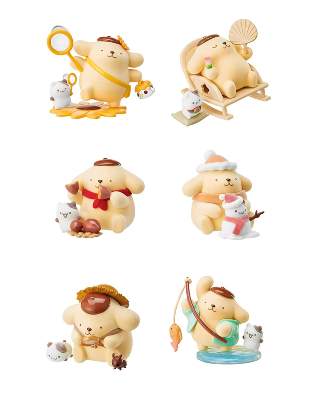 six different figurines of cartoon-like animals, each with unique features and accessories.