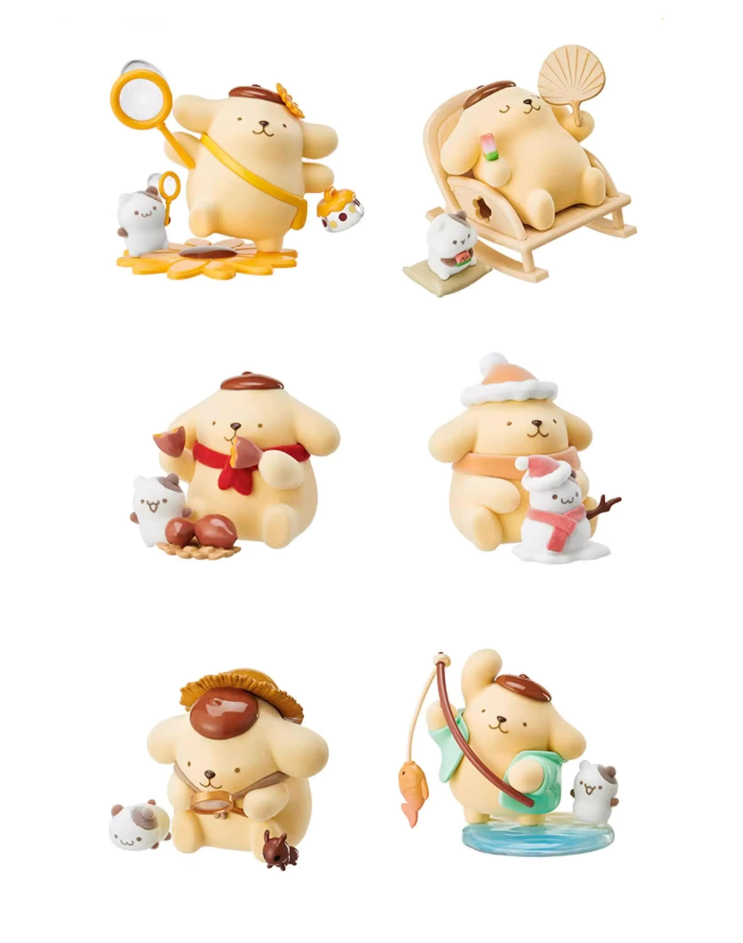 six different figurines of cartoon-like animals, each with unique features and accessories.