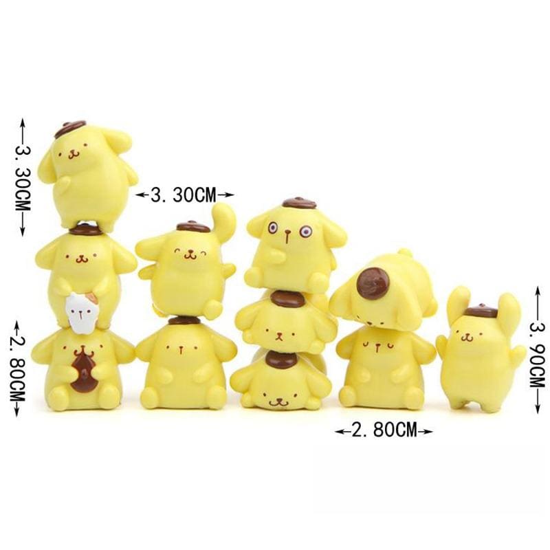 A group of yellow cartoon animal figurines, including a dog, cat, and other small animals, arranged in a row.