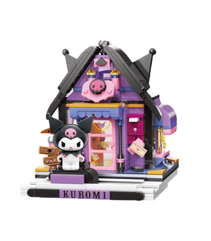 A colorful and whimsical toy house with a character resembling the popular character Kuromi from the Hello Kitty franchise. The toy house has a purple and black color scheme and features various accessories and decorations, such as a pink pig, a pink and purple umbrella, and a pink and purple sign. The toy house is displayed on a platform, and the name "Kuromi" is written on it.