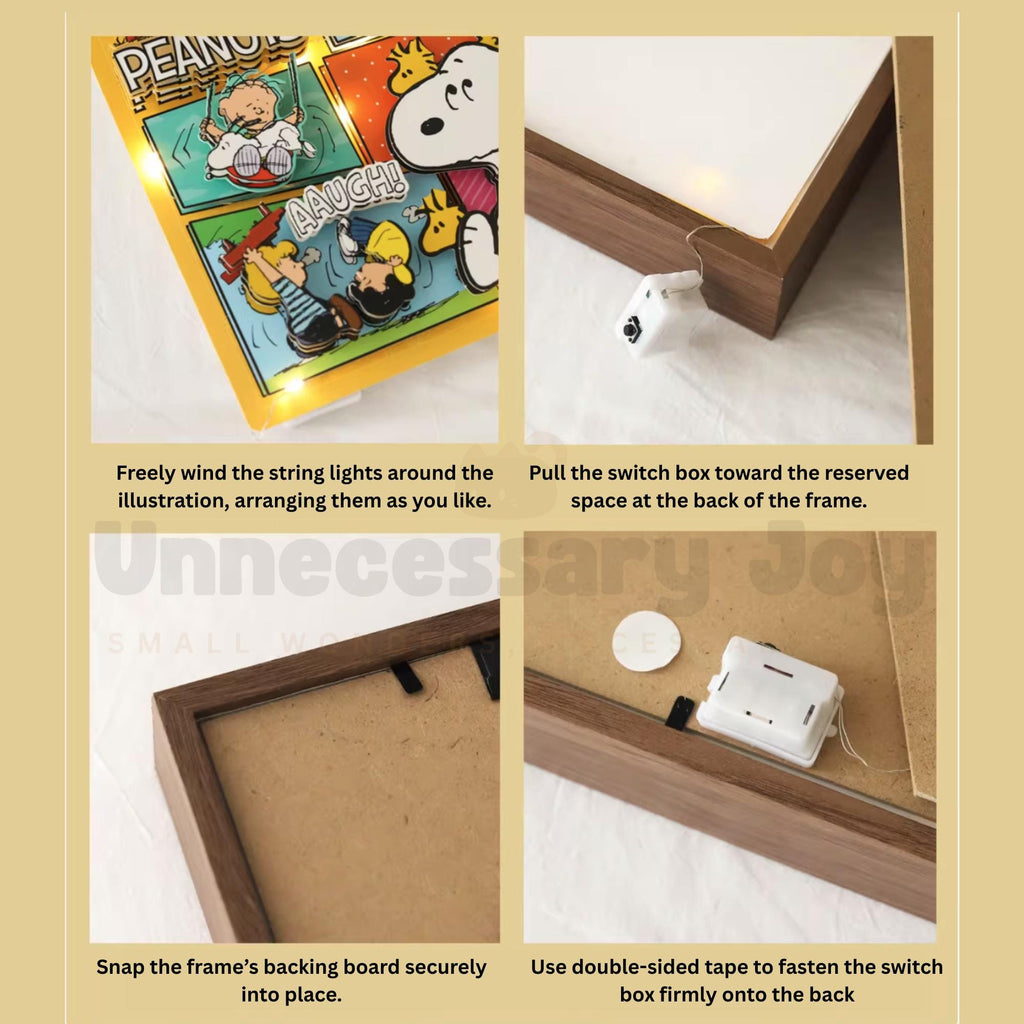 The image is a step-by-step guide on how to assemble a Peanuts-themed picture frame. It shows the process of attaching the string lights to the Peanuts illustration, arranging them around the frame, and securing the switch box to the back of the frame.