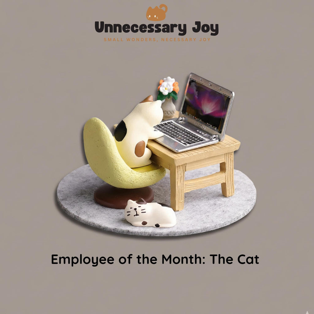 a cat sitting on a chair, with a laptop computer placed on a small wooden table next to it. The caption below the image reads "Employee of the Month: The Cat".