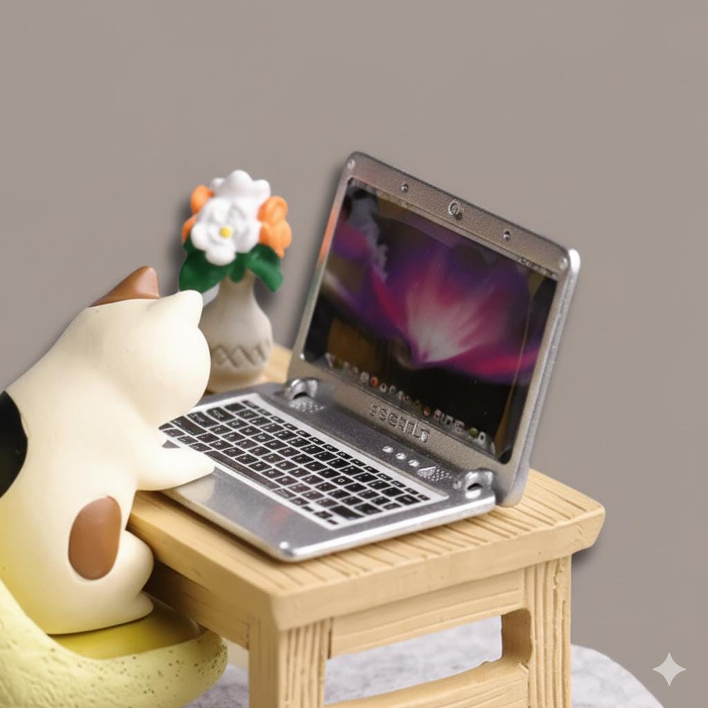 A small cat figurine is sitting on a wooden table next to a laptop computer, with a vase of flowers and a star-shaped object in the background.