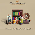 The image is a collage featuring a miniature figurine of a cat surrounded by various small objects, including a bookshelf, a painting, and a record player.