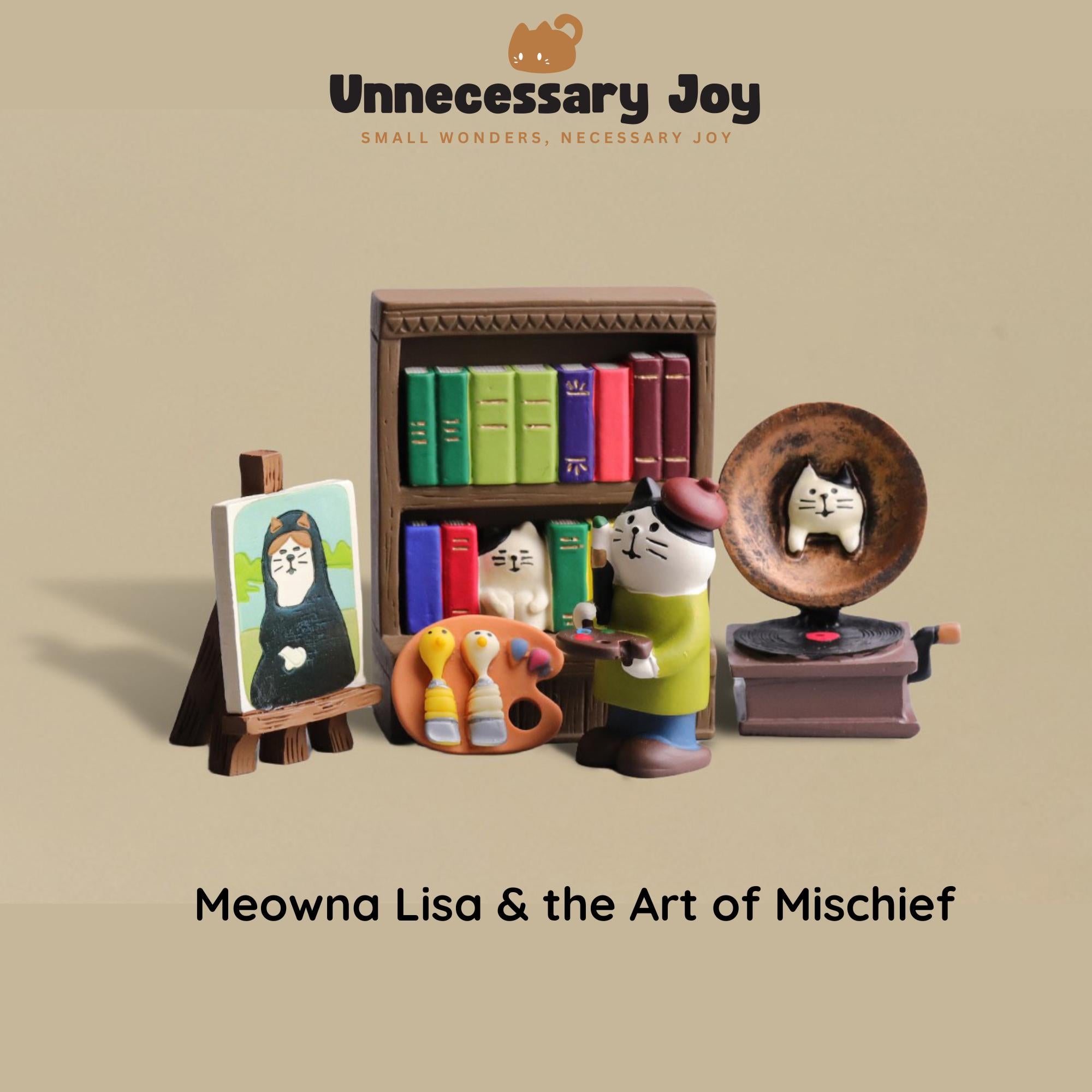 The image is a collage featuring a miniature figurine of a cat surrounded by various small objects, including a bookshelf, a painting, and a record player.