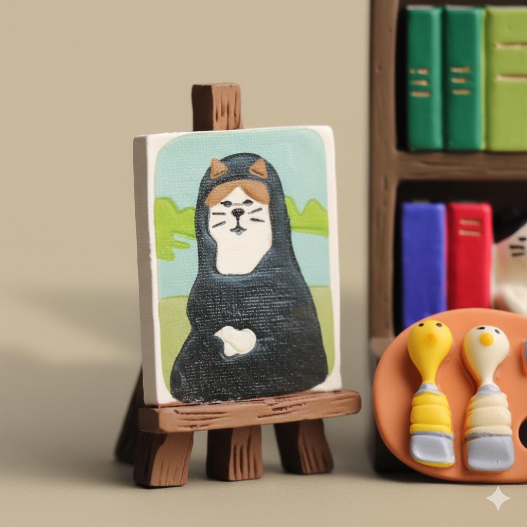 A small painting of a cat wearing a black hooded garment, placed on a wooden easel, with a bookshelf and other small figurines in the background.