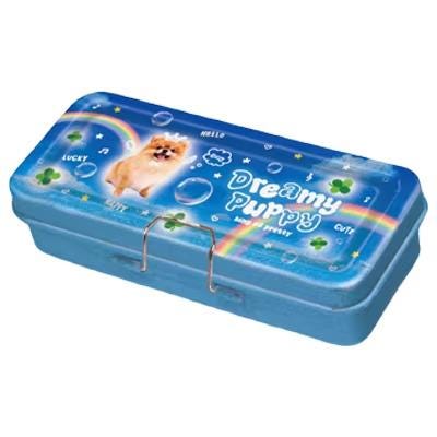 A blue pencil case with a picture of a cute puppy on it, along with the words "Dreamy Puppy" and "Lucky" printed on it.