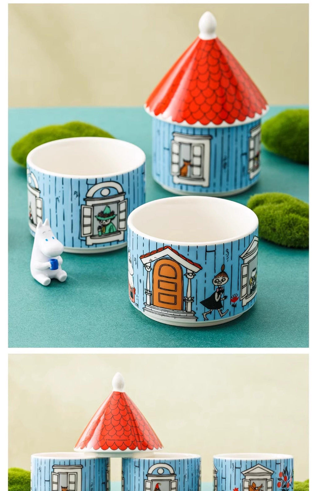 a collection of ceramic containers and figurines, including a small white unicorn figurine, a red and white ceramic house, and a blue and white ceramic cup.