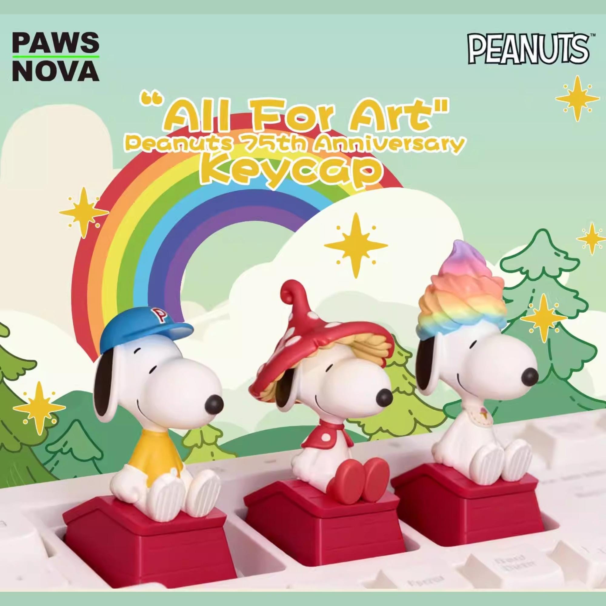 Three Peanuts characters, likely Snoopy, are sitting on a keyboard with a rainbow in the background.