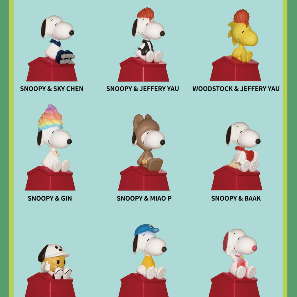 nine different figurines of the beloved character, Snoopy, each representing a different version of the character. The figurines are arranged in a 3x3 grid, with each row representing a different version of Snoopy. The figurines are of various sizes and colors, showcasing the diversity of Snoopy's character.