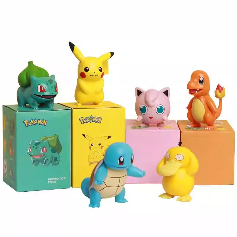 A group of colorful Pokemon figurines, including Bulger, Pikachu, Charizard, Pidgeon, Squirt, and Duck, arranged on a white background.