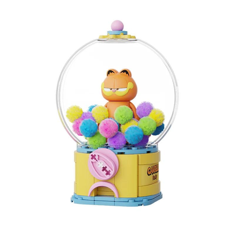A colorful toy figurine of a character from the animated series " Garfield" is displayed inside a clear gumball machine.
