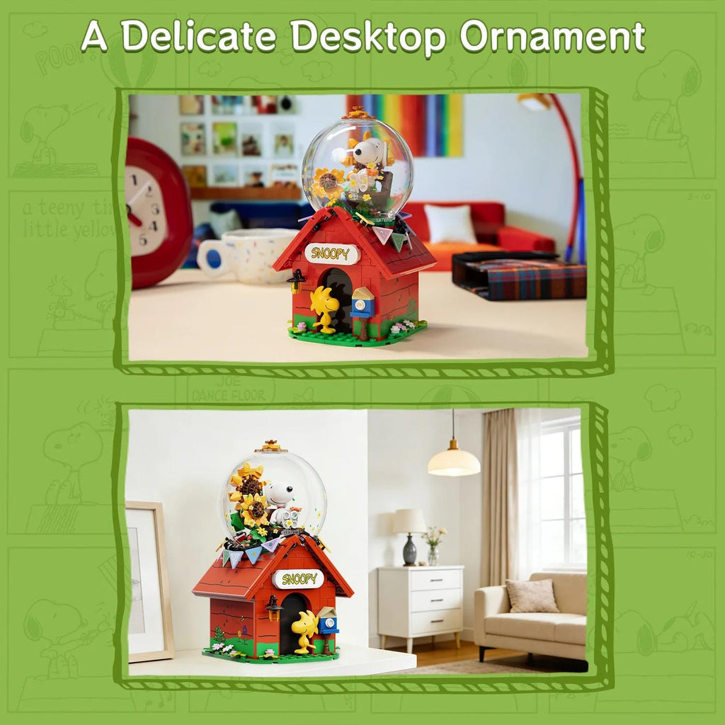 A Delicate Desktop Ornament featuring a red house with a clock and a snowman figurine, as well as a living room scene with a couch and a vase.