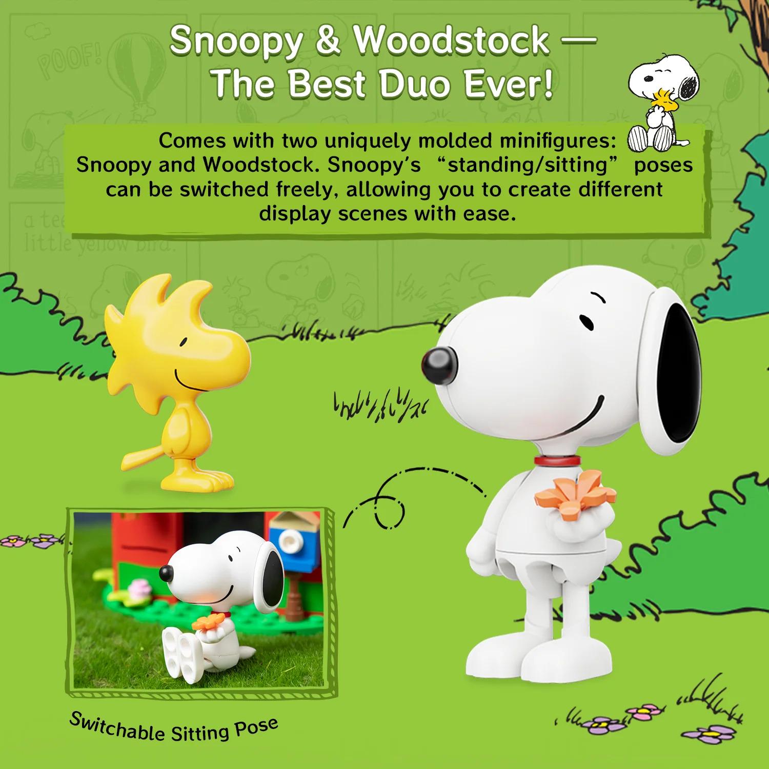 The image is a collage featuring the characters Snoopy and Woodstock from the Peanuts comic strip. The collage includes images of Snoopy and Woodstock in various poses, such as standing and sitting, as well as a close-up of Snoopy in a sitting pose. The collage showcases the unique poses of these characters, highlighting their versatility and the fun they bring to the Peanuts world.