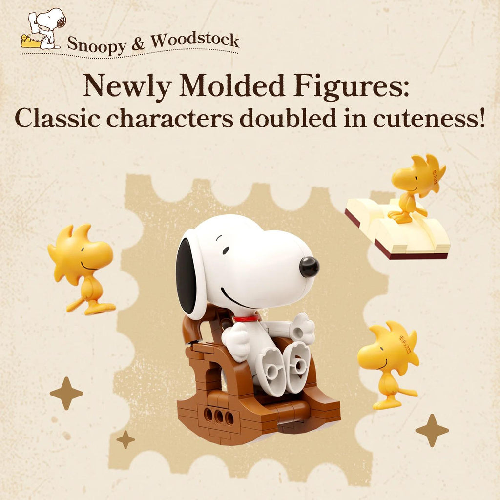a collection of SNOOPY & WOODSTOCK figurines, including a classic character, a rocking chair, and other SNOOPY & WOODSTOCK characters, all set against a beige background with a star pattern.