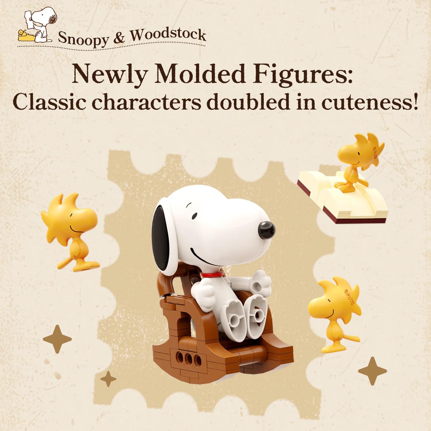 a collection of SNOOPY & WOODSTOCK figurines, including a classic character, a rocking chair, and other SNOOPY & WOODSTOCK characters, all set against a beige background with a star pattern.