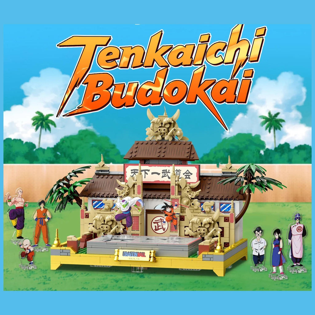 The image is a vibrant and colorful illustration featuring a traditional Japanese temple with various characters and figures surrounding it, set against a backdrop of palm trees and a blue sky.
