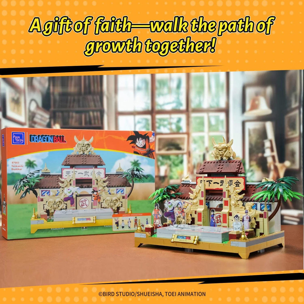 a LEGO set of a temple with a dragon and a person, along with the packaging for the set.