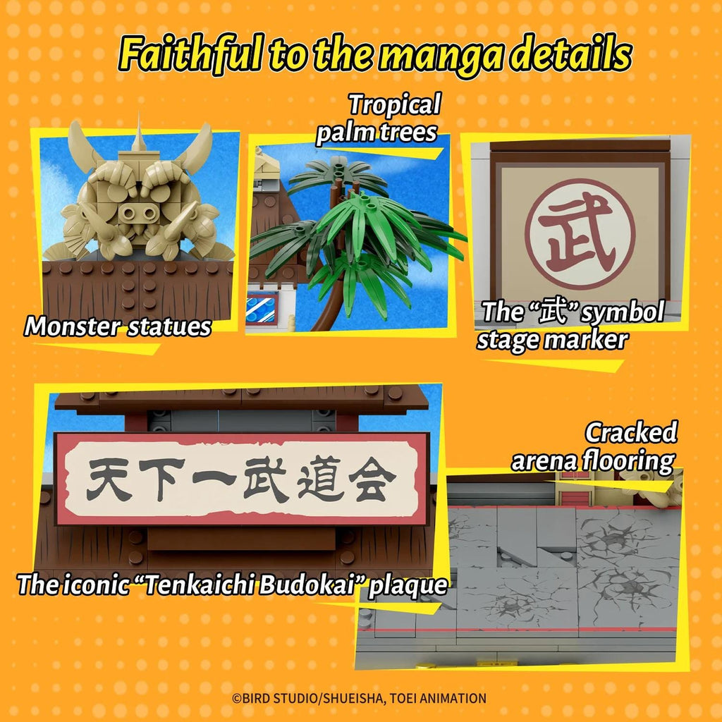 a collage of four different images, each depicting a different aspect of the anime series "Faithful to the manga details". The images include a statue of a dragon, a palm tree, a stage marker, and a cracked arena flooring.
