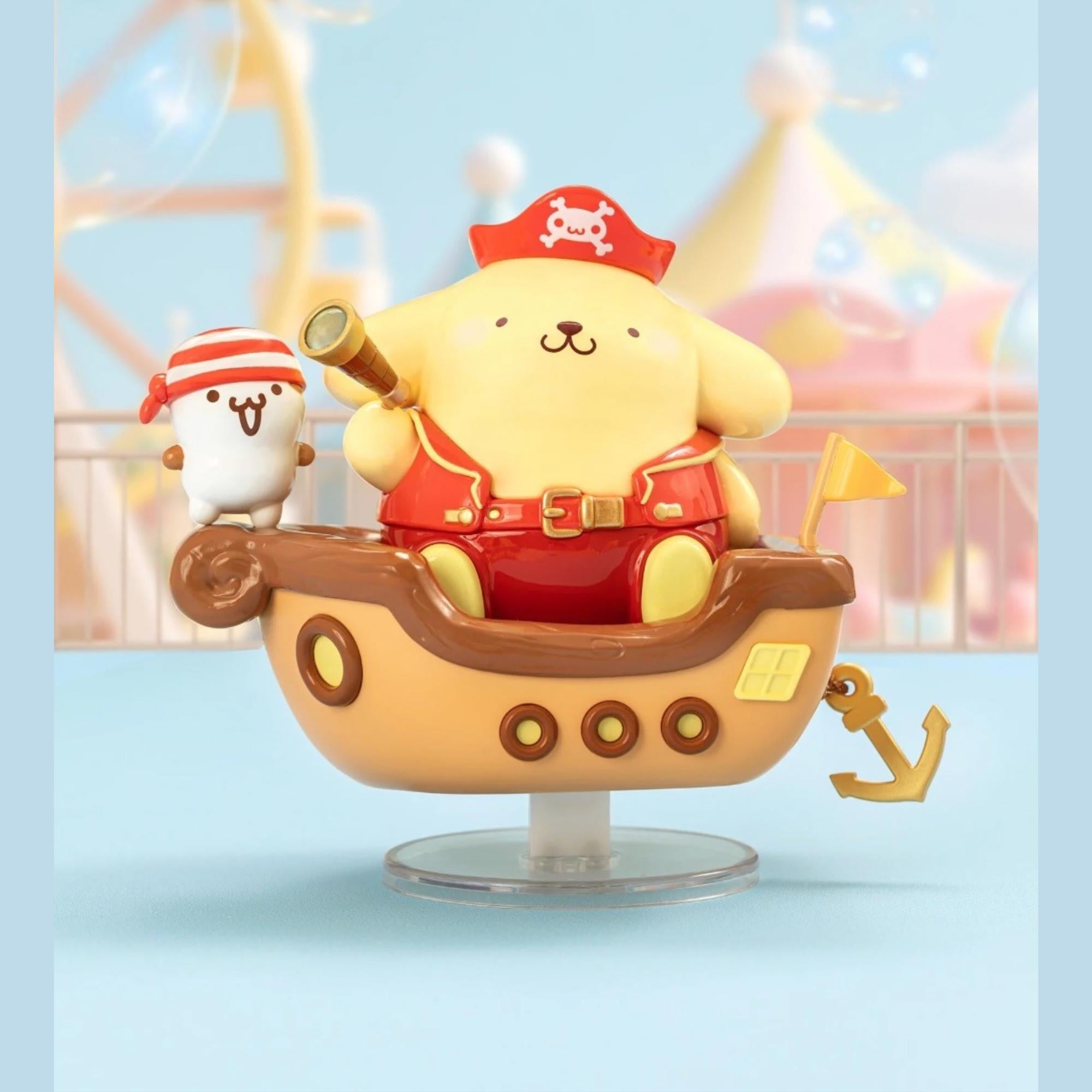 A yellow toy figurine dressed as a pirate, sitting in a boat and holding a telescope, is the main focus of the image.