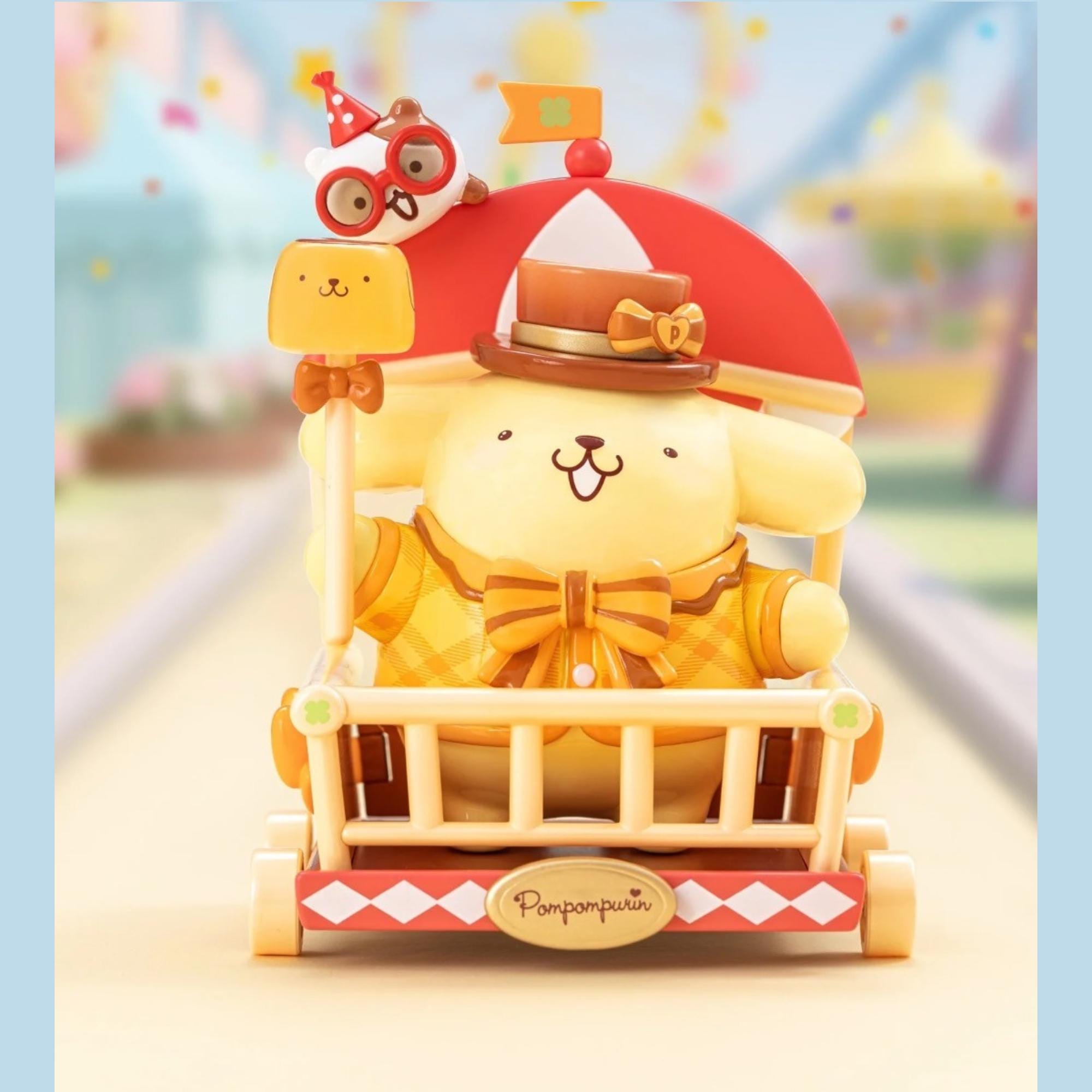 A yellow cartoon character wearing a hat and holding a red umbrella is sitting in a toy car.
