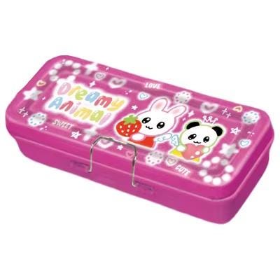 A pink pencil case with a cartoon rabbit and panda on the front, along with the text "Dreamy Animal" and "Sweet".