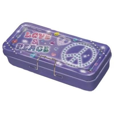 A purple pencil case with a peace sign and the words "Love & Peace" written on it.
