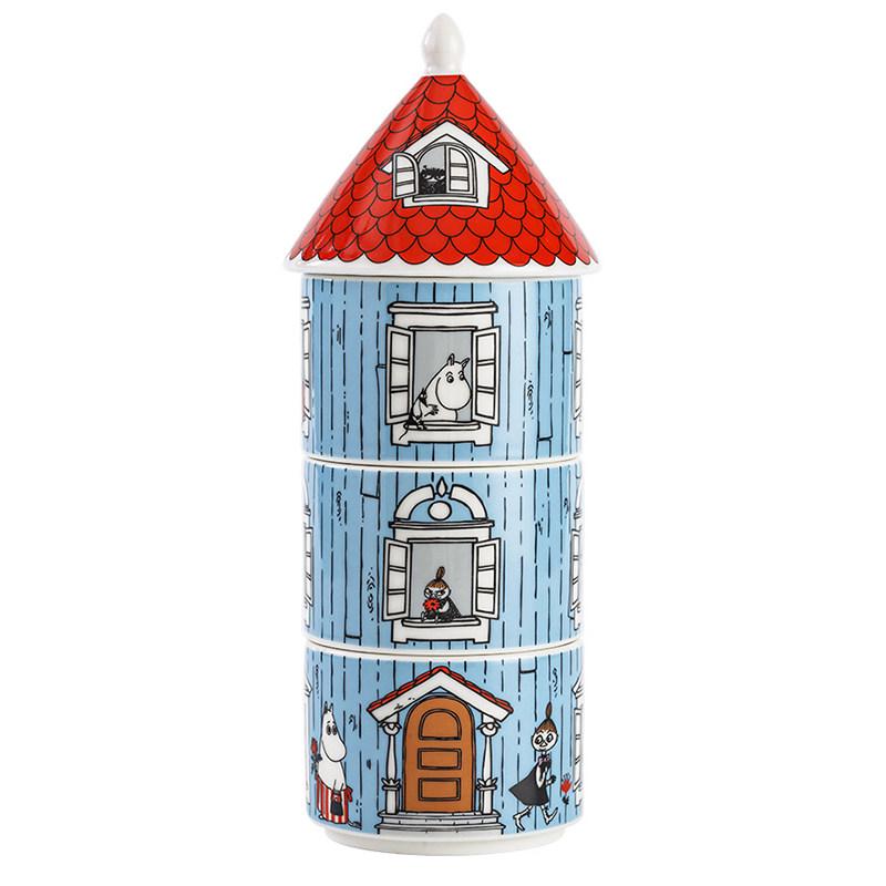 A ceramic tower with a red roof and blue walls, depicting a house with a character inside.
