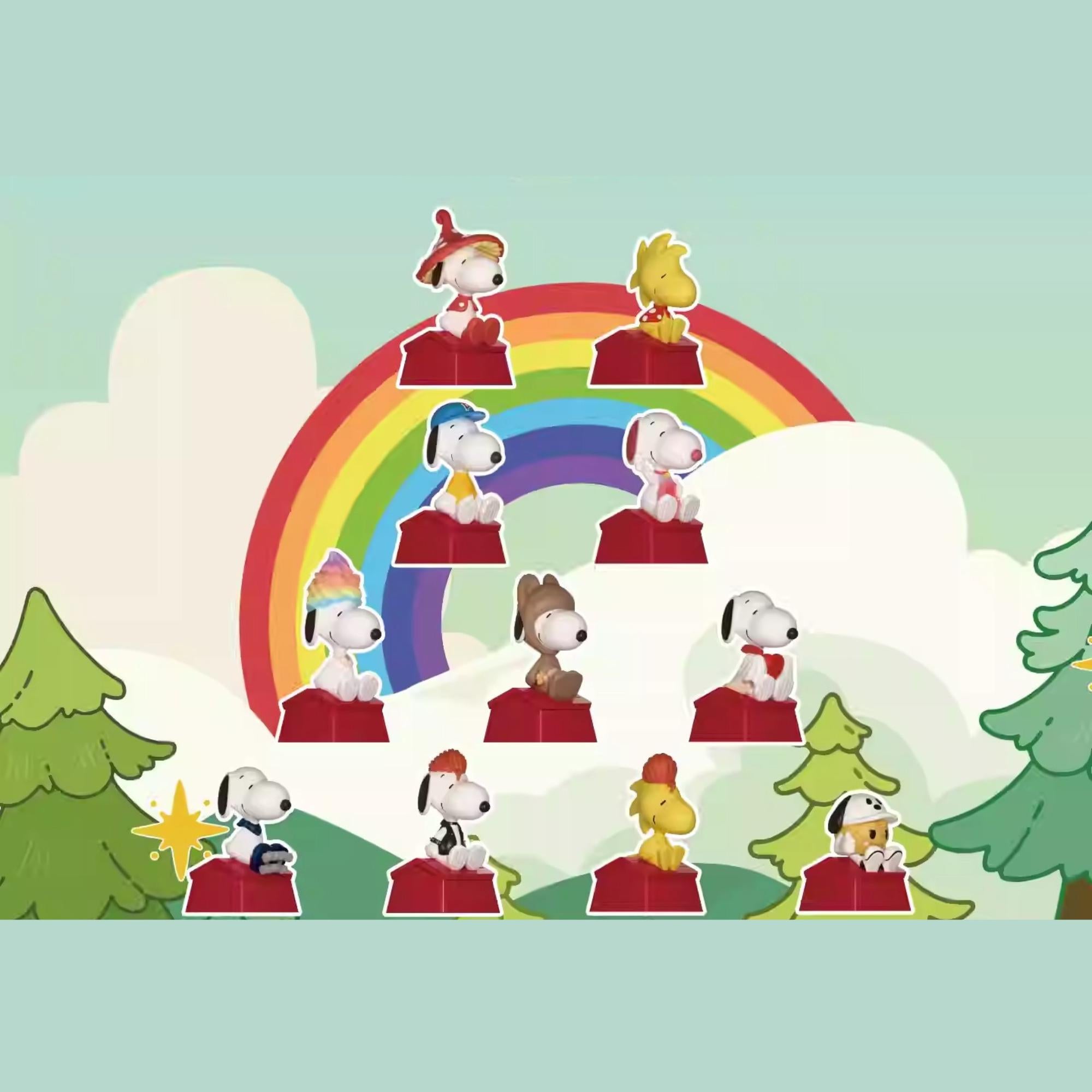 A collection of cartoon characters from the Peanuts comic strip, including Snoopy, Woodstock, and other iconic figures, arranged in a playful and whimsical manner against a colorful, cloud-filled sky with a rainbow.