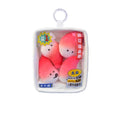 a package containing three pink and white stuffed animals, which appear to be a type of plush toy.