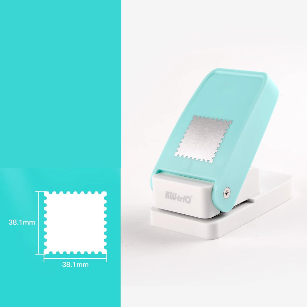 a turquoise and white stapler with a silver stamp on it. The stapler is placed on a white surface, and there is a small square image next to it, which appears to be a size reference or a comparison to the stapler.
