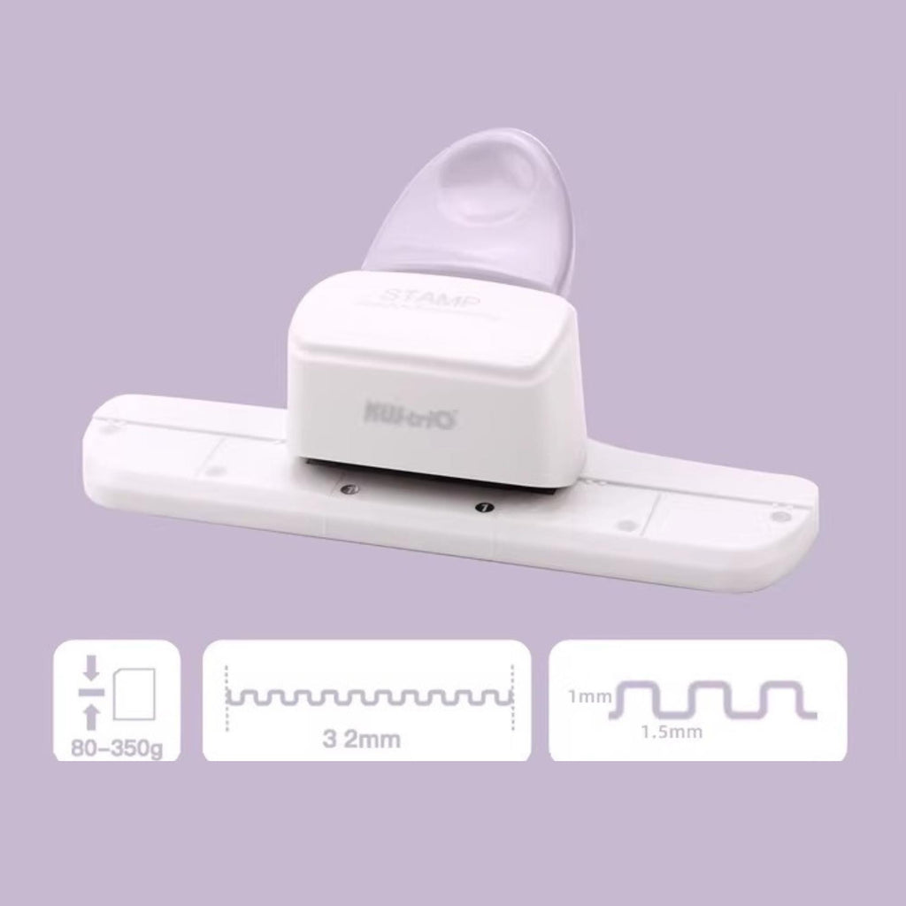 a white paper puncher with various size specifications displayed on a purple background.