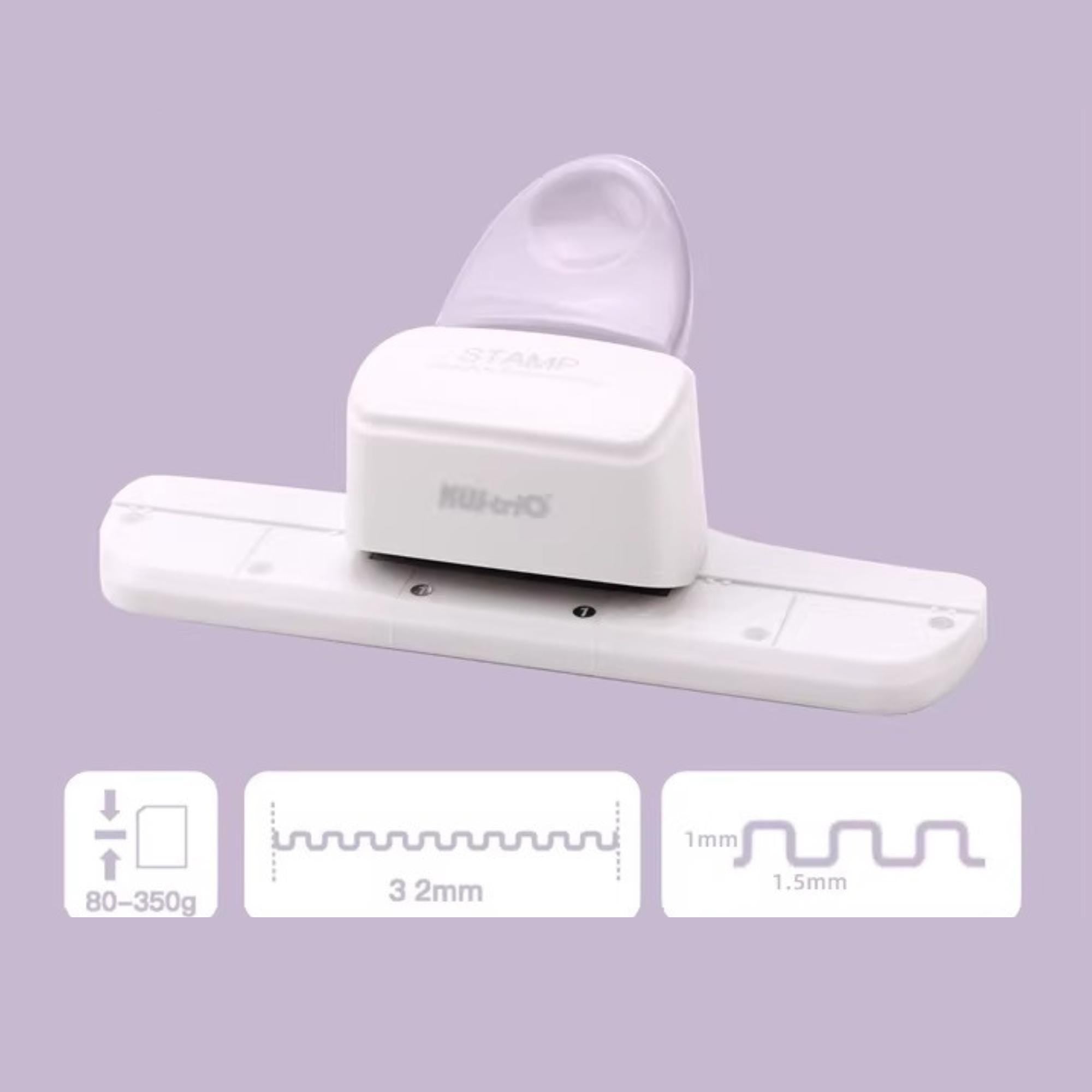 a white paper puncher with various size specifications displayed on a purple background.