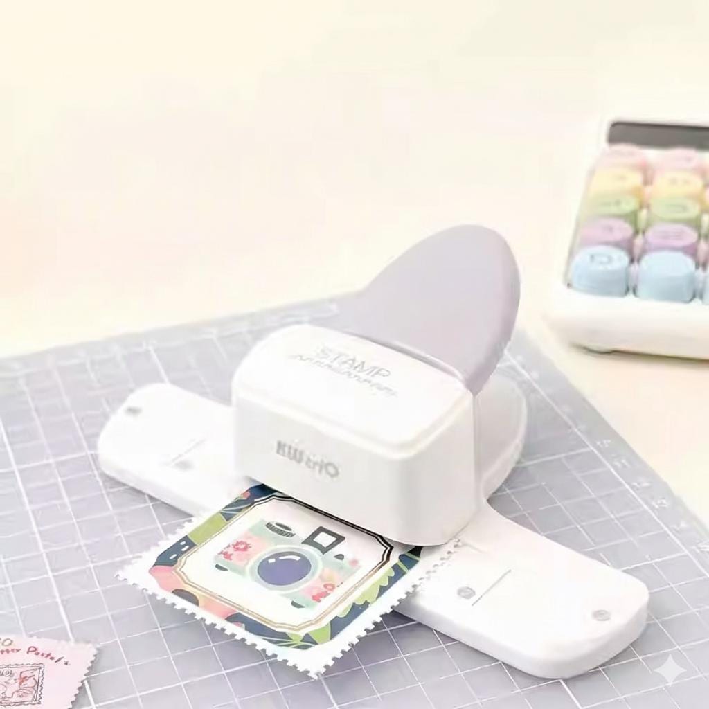A white stamp-making machine is shown in the image, with a colorful stamp placed on it.